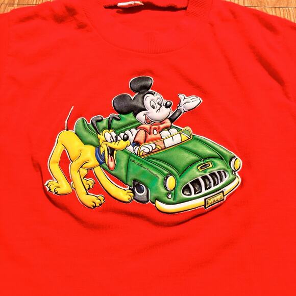 Vintage Disney Mickey & Pluto Red Car Tee Kids Size 8 - Picture 2 of 3